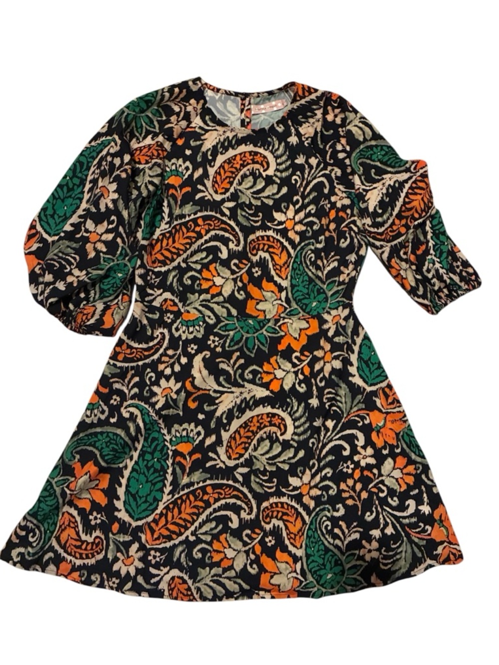 Traffic People Black Paisley Dress with Green & Orange Floral Print